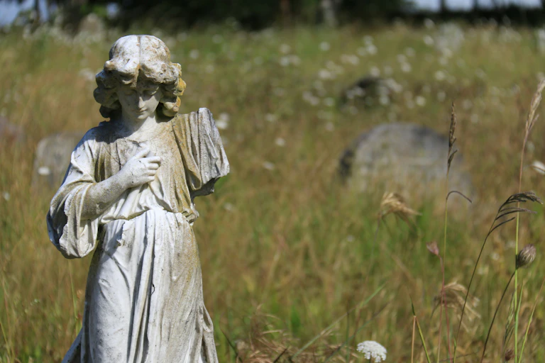 Broken statue of an angel in a field.