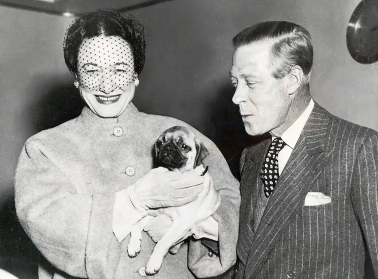 black and white photo of Edward VIII and Wallis Simpson, who is smiling and holding their pug