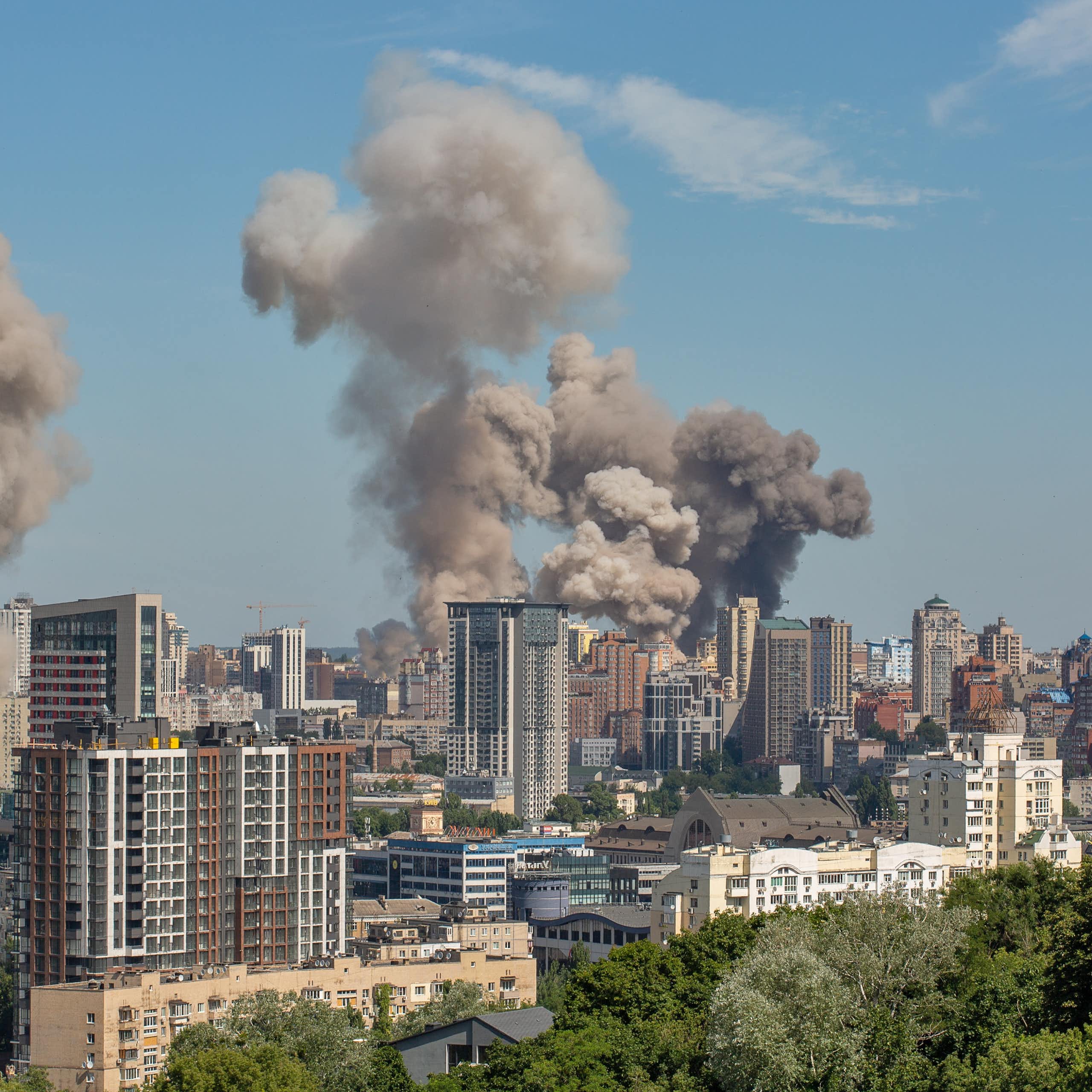 Smoke rises over downtown Kyiv after a Russian missile attack.
