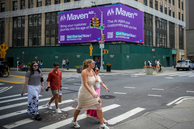 Advertising in New York for Maven AGI, an artificial intelligence software company providing customer support services.