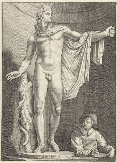 black and white drawing of a Renaissance artist drawing at the foot of a nude male statue