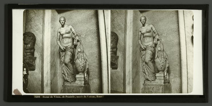 two side by side matching images of a statue of a nude woman