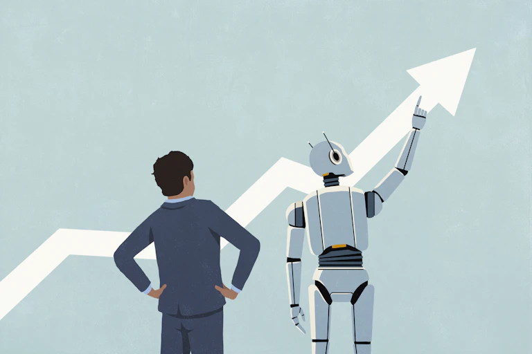 an illustration depicting a man in a business suit with hands on hips next to a humanoid robot that is pointing up to an arrow that is at the end of a jagged line that shifts upwards from left to right
