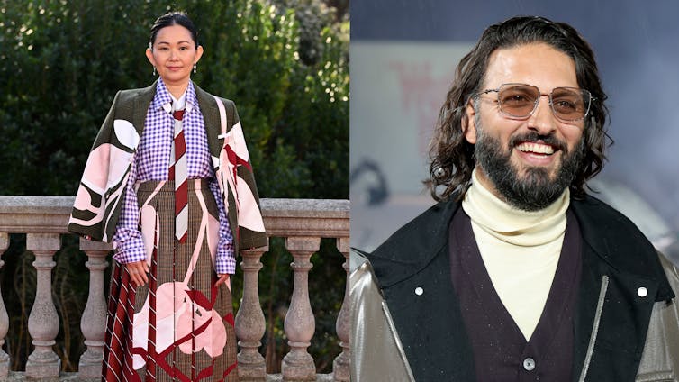 Left: A woman poses for the red carpet. Right: Close-up of a man smiling on the red carpet.