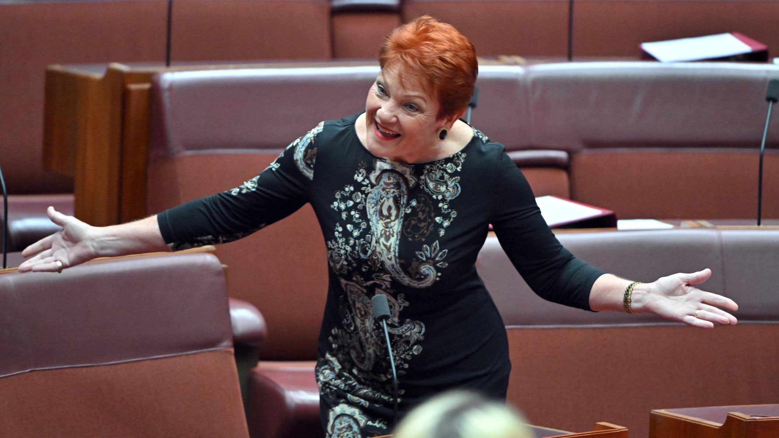 Pauline Hanson stands in the Senate chamber and gesticulates as she speaks