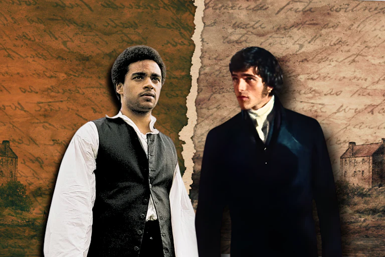 A composite shows a side-by-side images of a young Black and young white actor dressed in Victorian-style clothing.