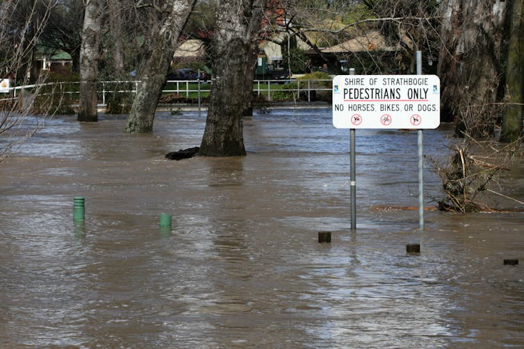 A river in flood, with a warning sign surrounded by water.