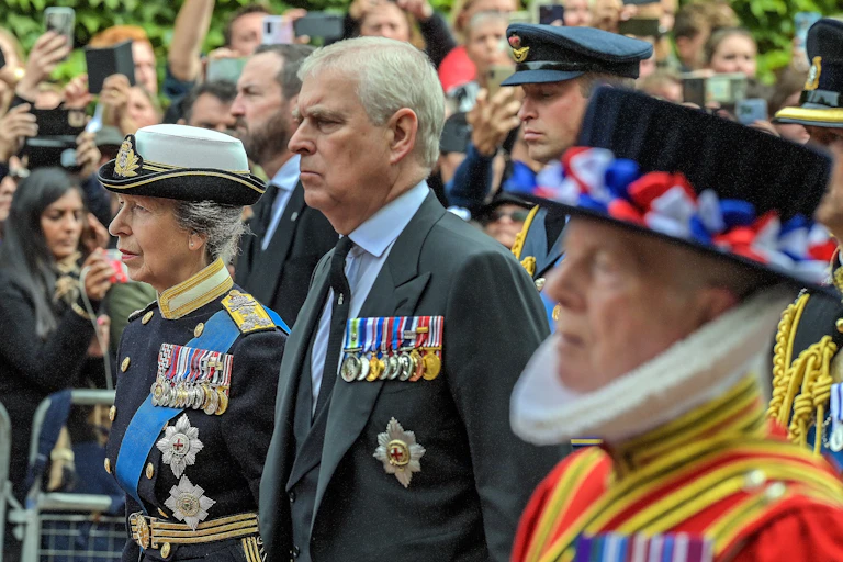Andrew Mountbatten-Windsor next to Princess Anne at a procession following the death of their mother, the Queen