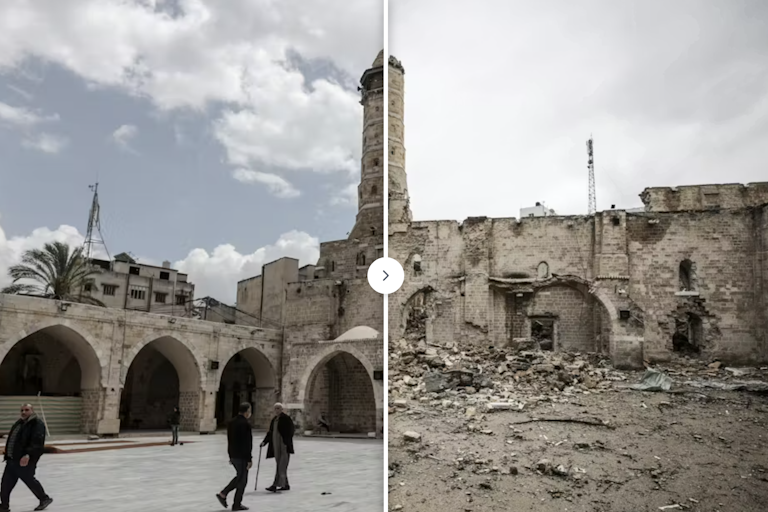 La Gran Mezquita Omari en la ciudad de Gaza tras sufrir daños por un ataque israelí.