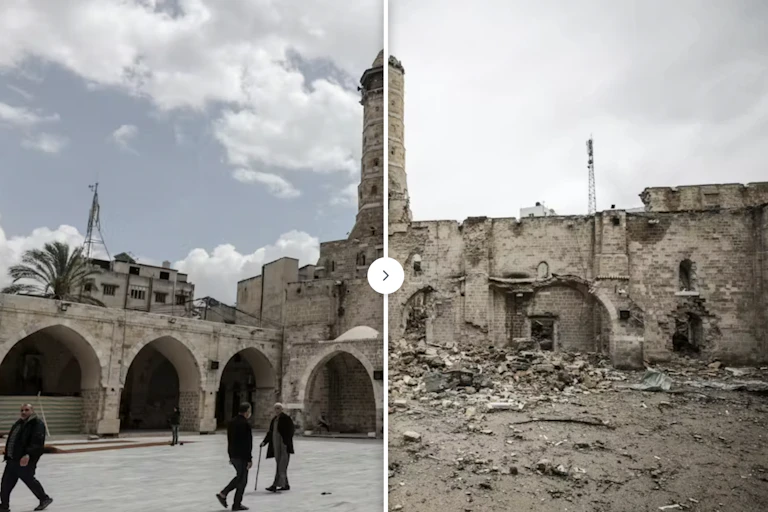 La Gran Mezquita Omari en la ciudad de Gaza tras sufrir daños por un ataque israelí.
