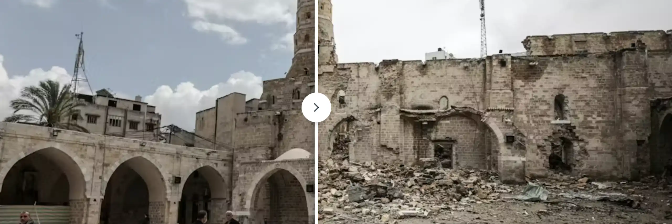 La Gran Mezquita Omari en la ciudad de Gaza tras sufrir daños por un ataque israelí.