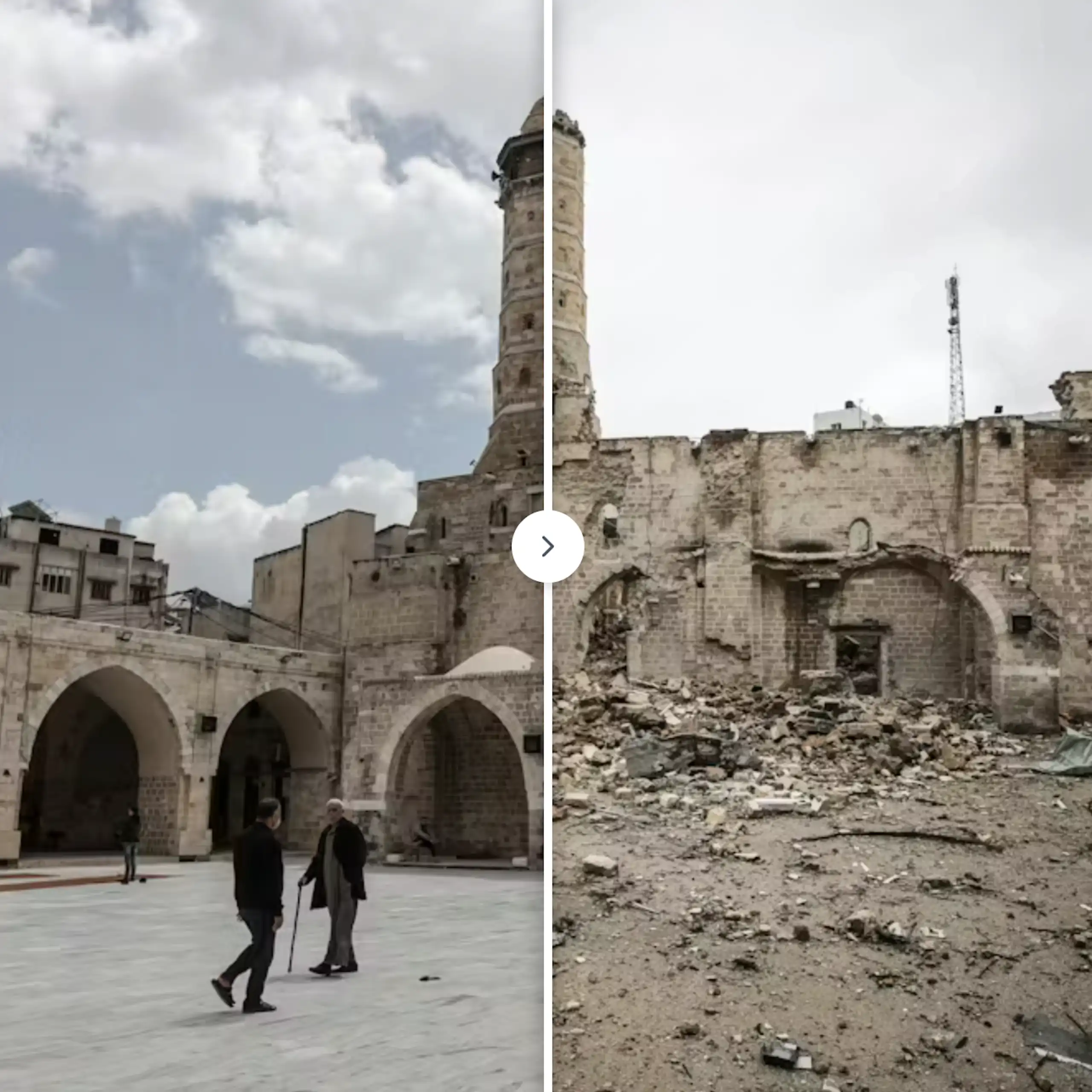 La Gran Mezquita Omari en la ciudad de Gaza tras sufrir daños por un ataque israelí.