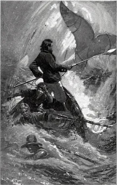 Ilustración de la lucha final de Moby Dick en una edición de 1902.