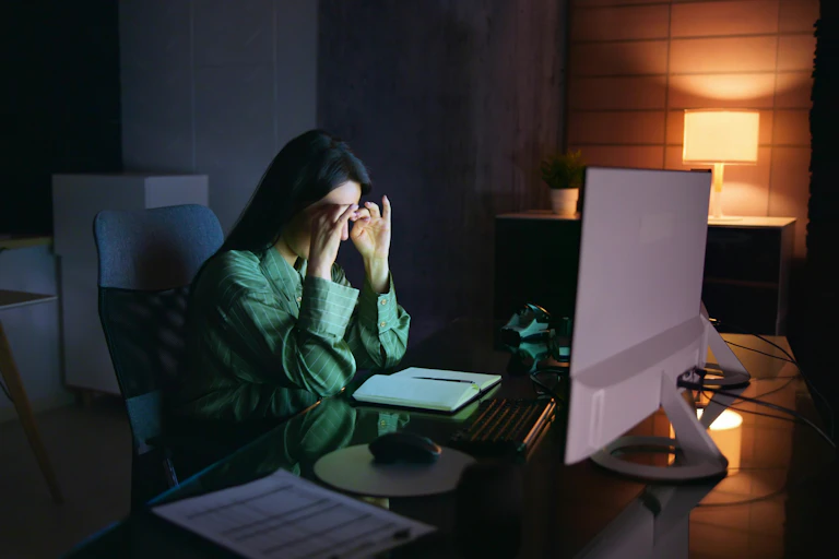 A woman rubbing her ideas while sitting in front of a computer screen in a dimply lit office