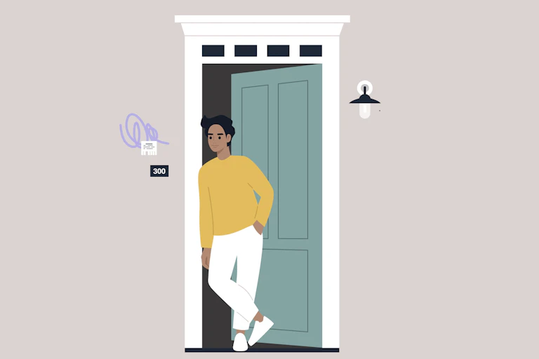Illustration of a young man standing in his front door, waiting to welcome someone.