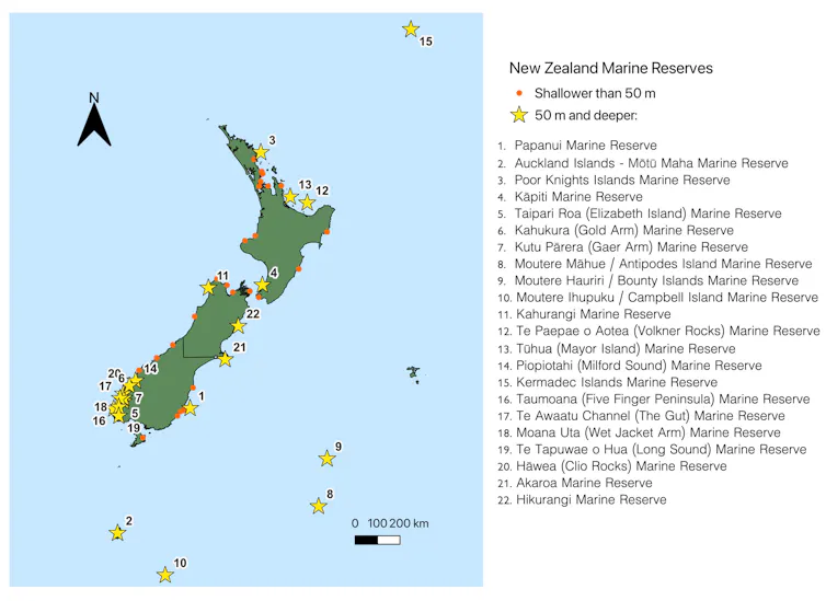 A map that shows the locations of all marine reserves in New Zealand and its territorial waters.