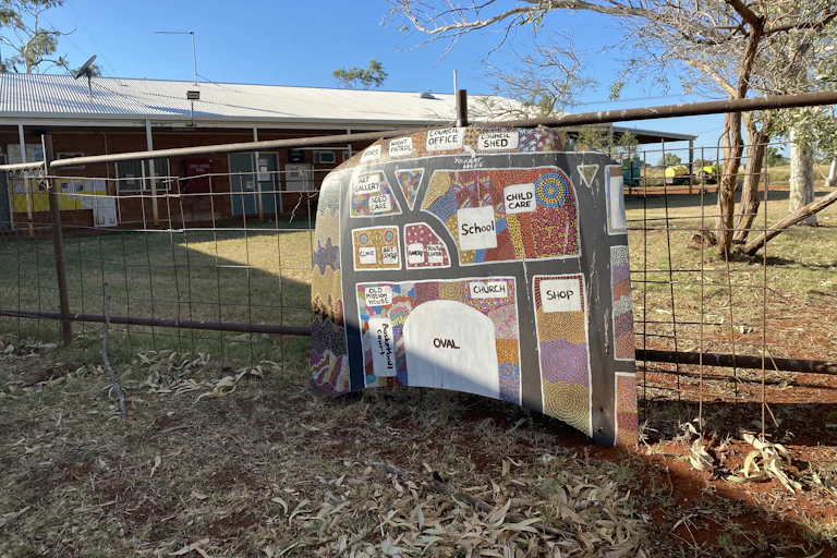 A sign, painted with Indigenous art, mapping a town