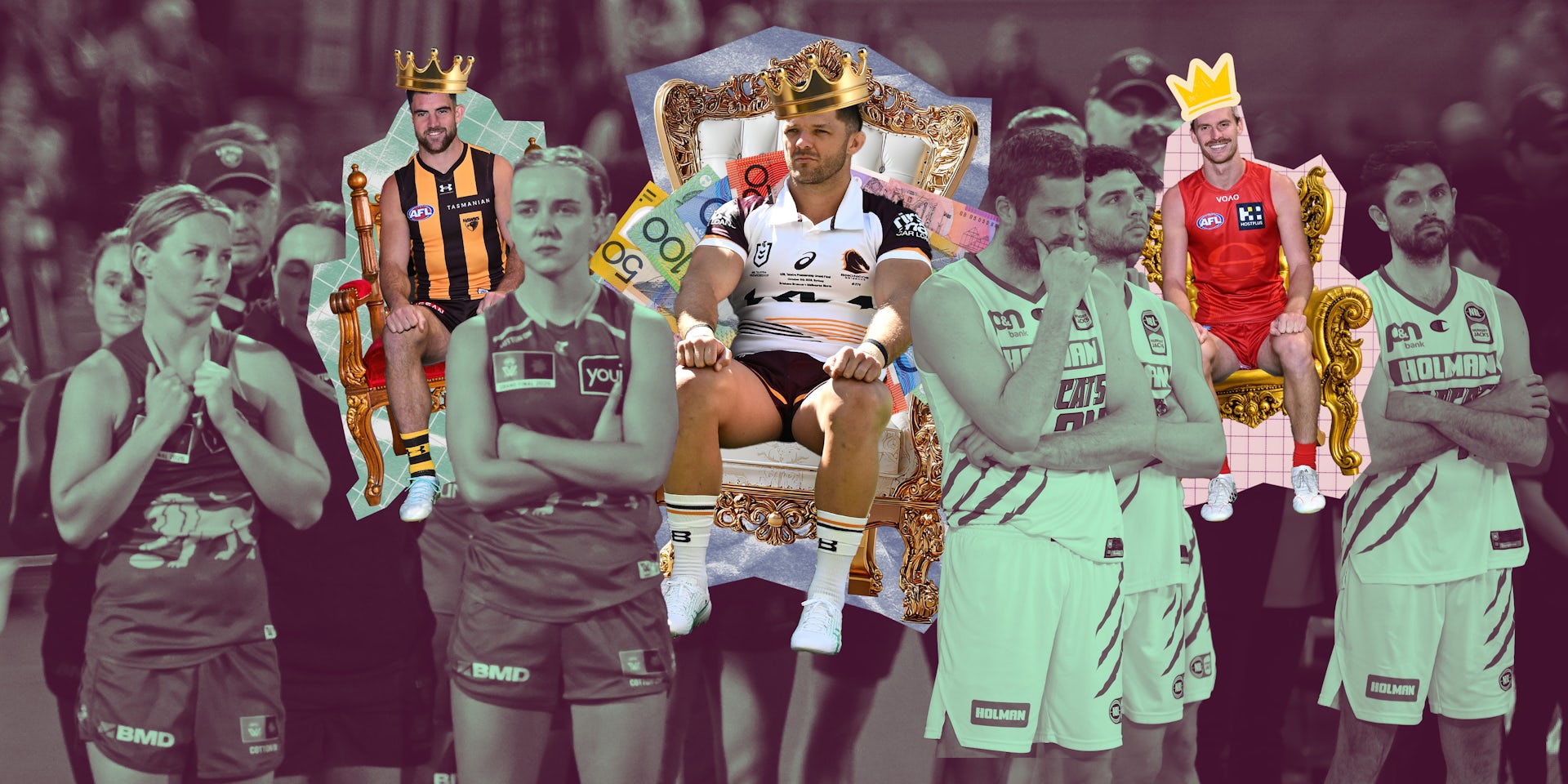Football and NRL players sitting on thrones with AFLW and NBL players looking sad in the background