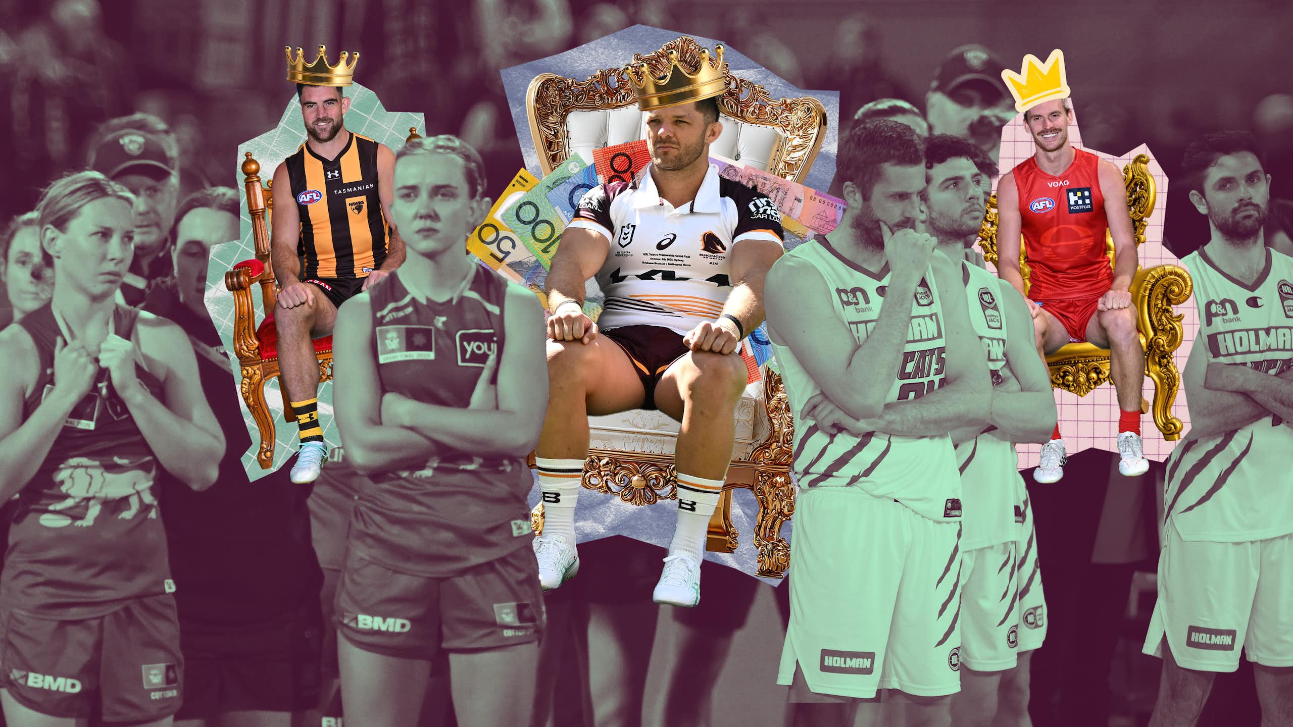 Football and NRL players sitting on thrones with AFLW and NBL players looking sad in the background