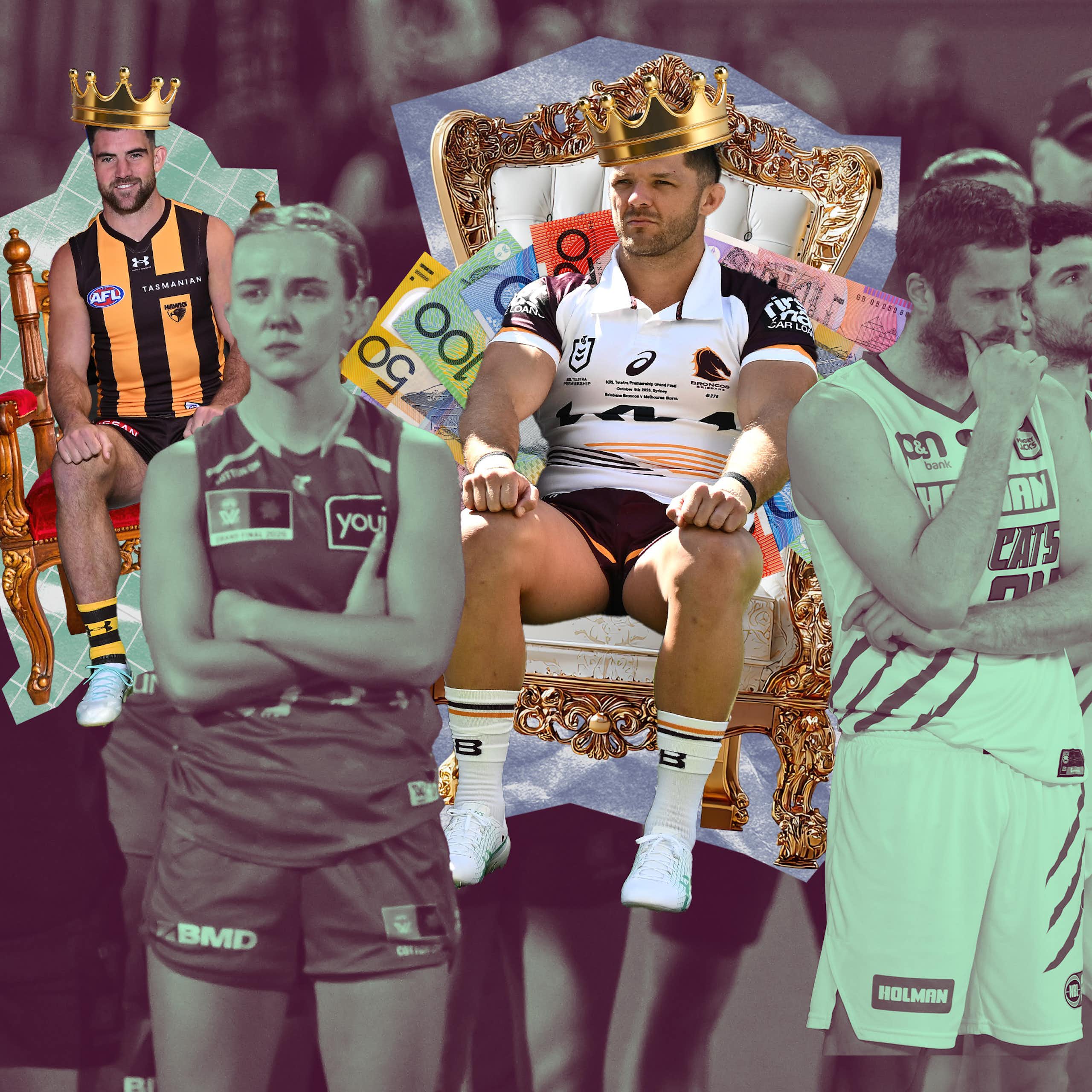 Football and NRL players sitting on thrones with AFLW and NBL players looking sad in the background