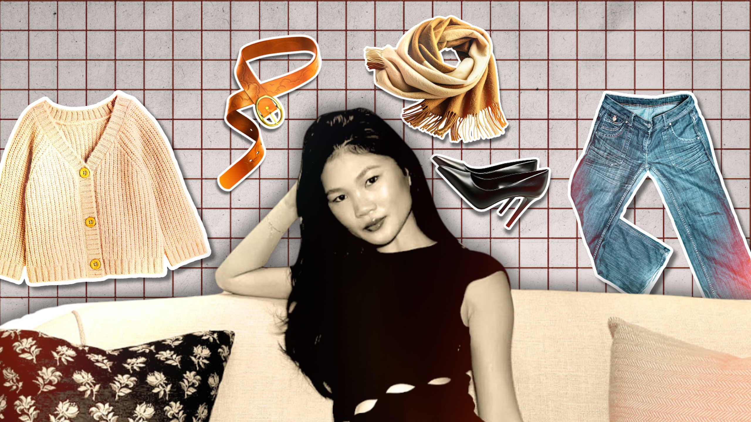 Woman sitting on a couch surrounded by clothing items