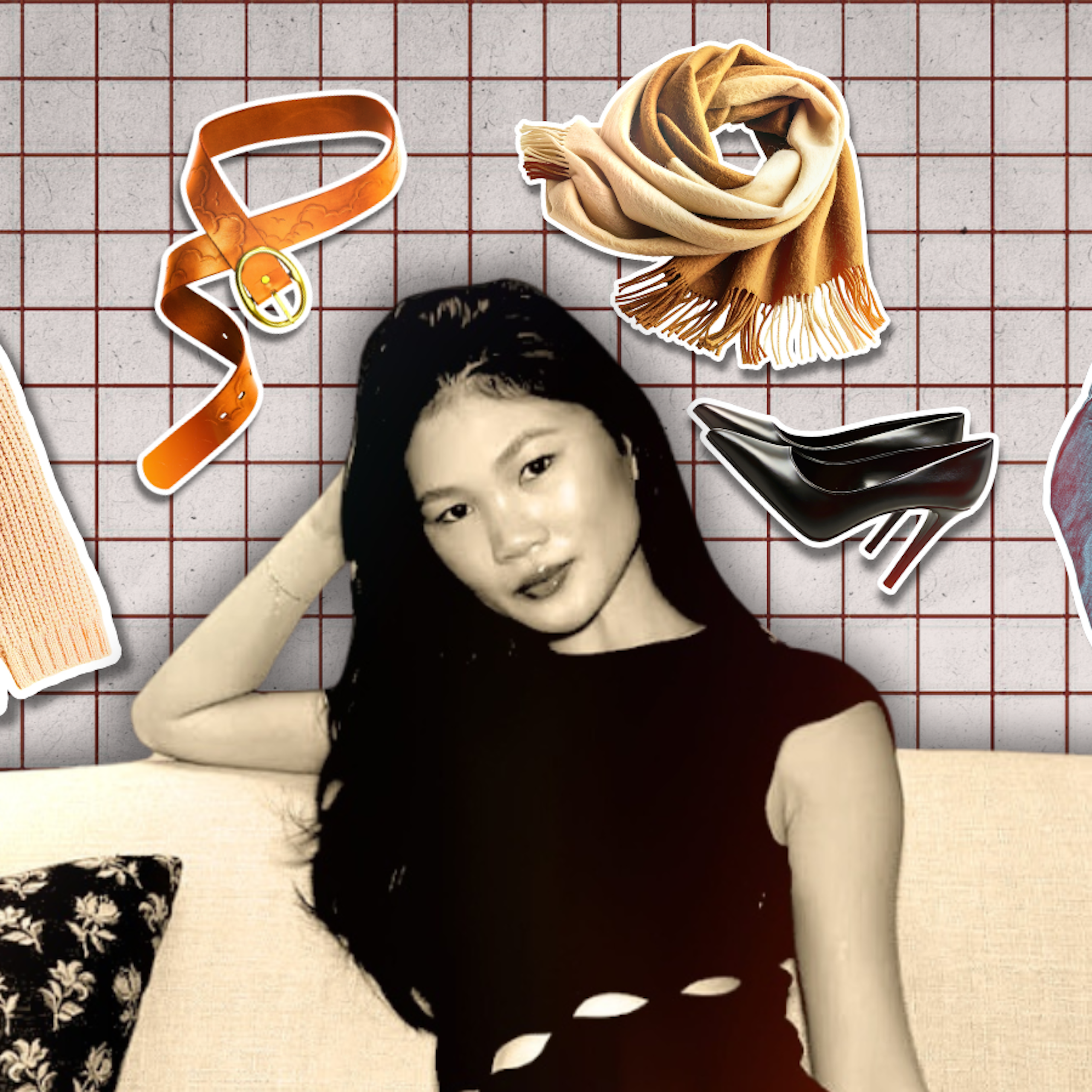 Woman sitting on a couch surrounded by clothing items