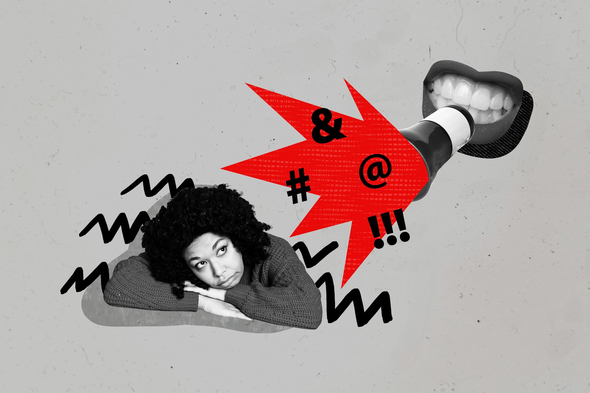 Una boca amb un altaveu del qual ix un raig roig cap a una dona amb aspecte trist.