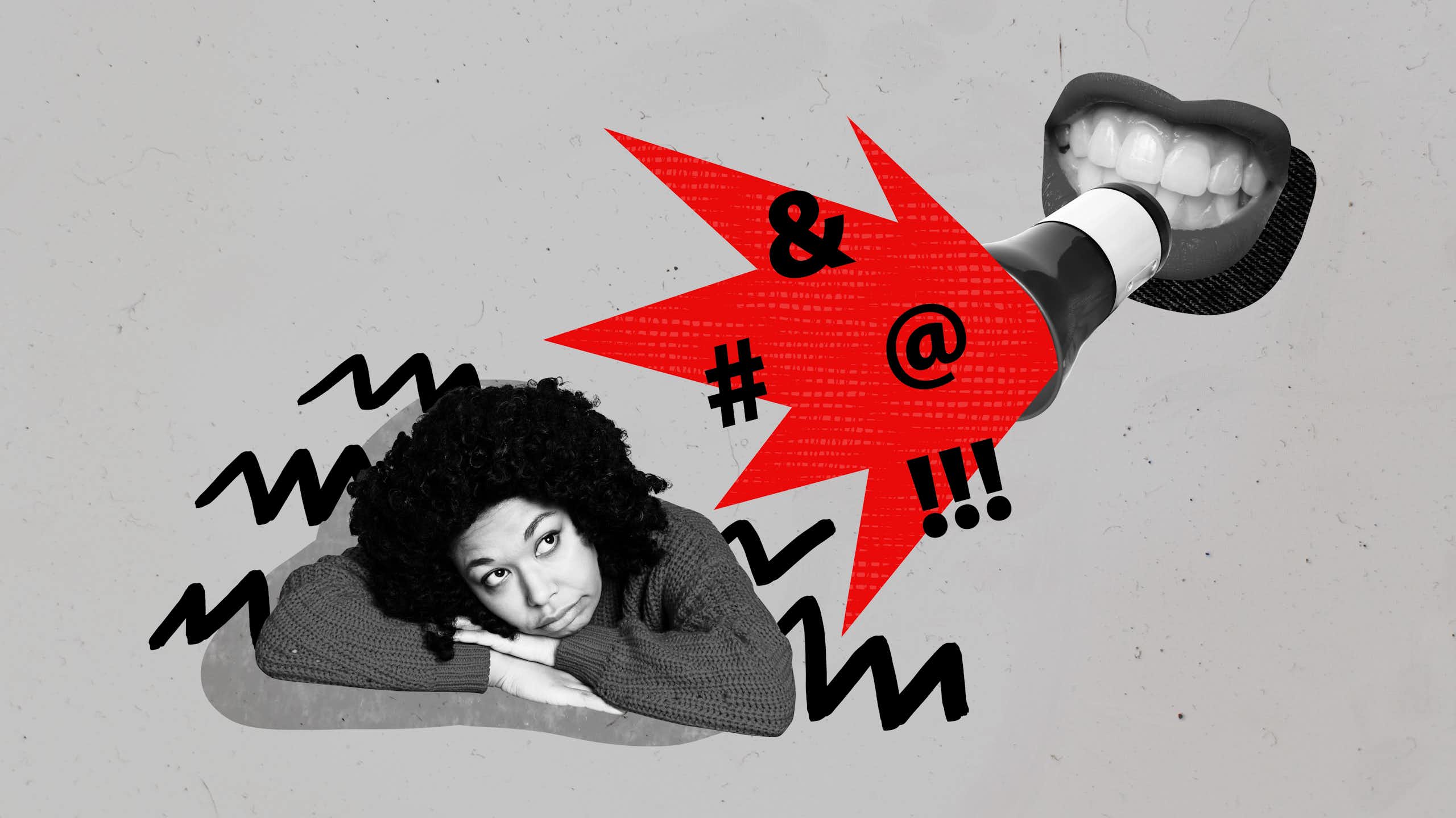 Una boca amb un altaveu del qual ix un raig roig cap a una dona amb aspecte trist.