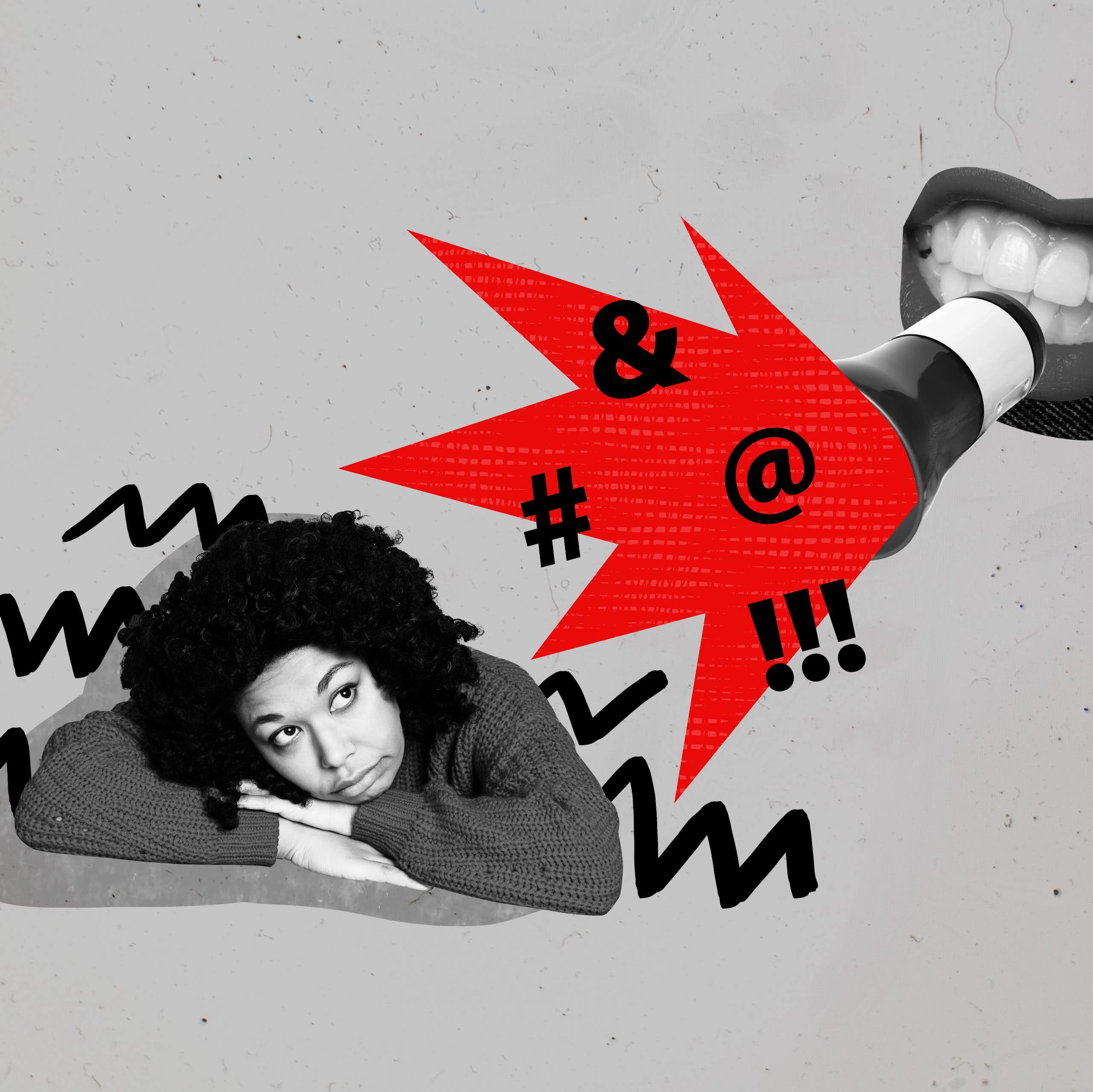 Una boca amb un altaveu del qual ix un raig roig cap a una dona amb aspecte trist.