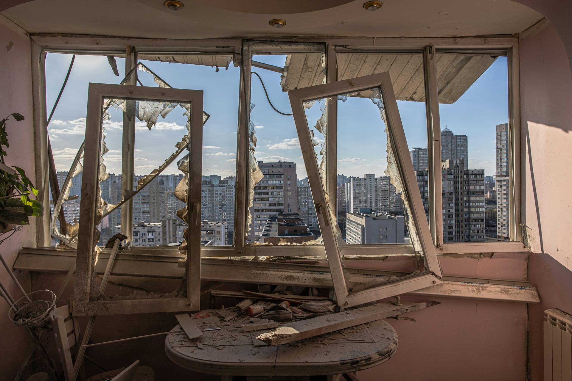 Damage inside an apartment in Kyiv, Ukraine.