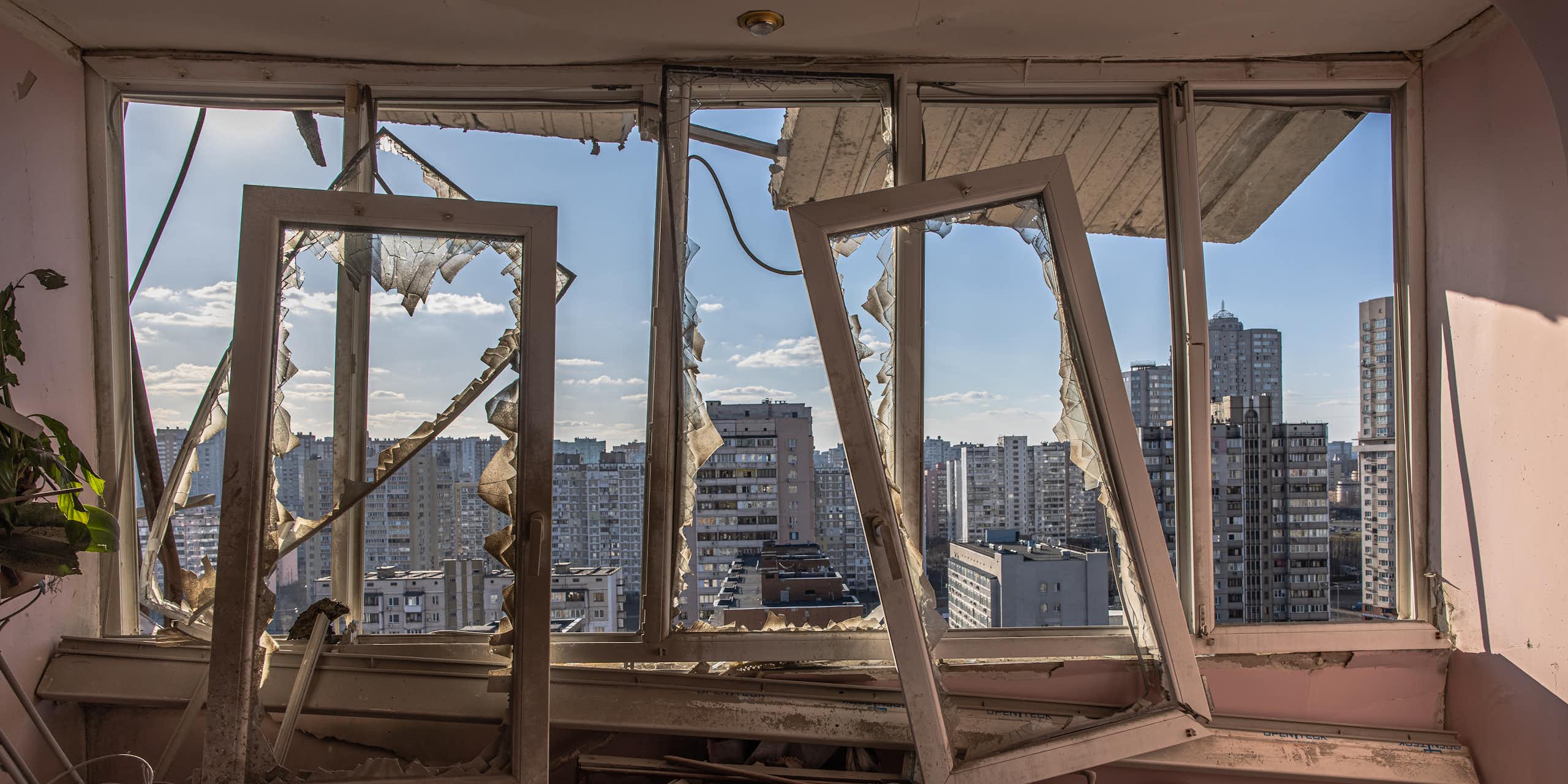 Damage inside an apartment in Kyiv, Ukraine.