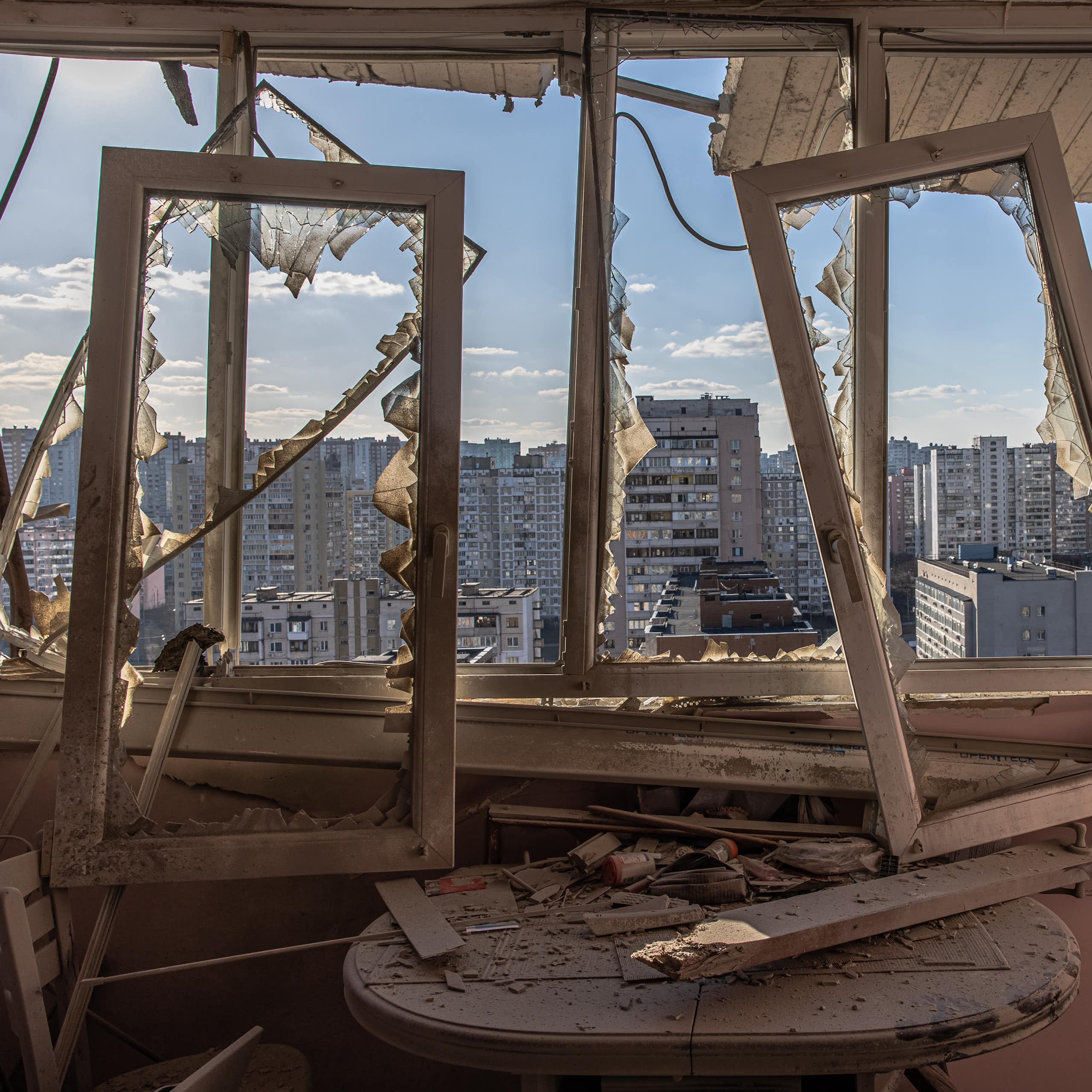 Damage inside an apartment in Kyiv, Ukraine.