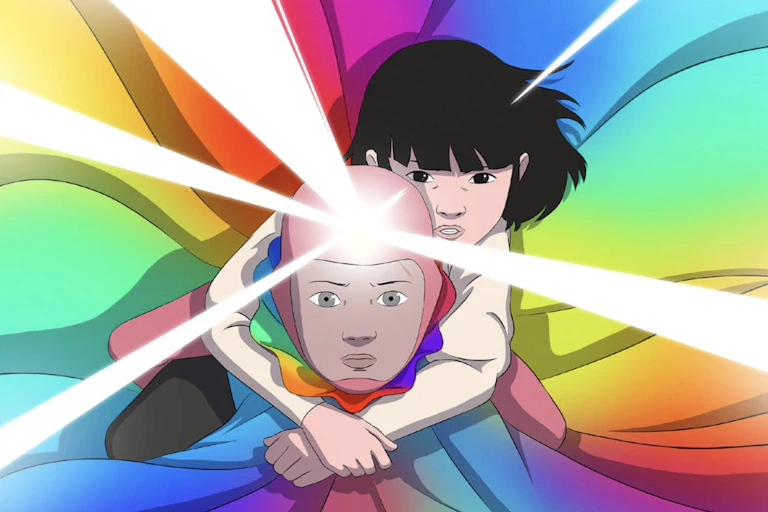 Two animated characters flying surrounded by a rainbow