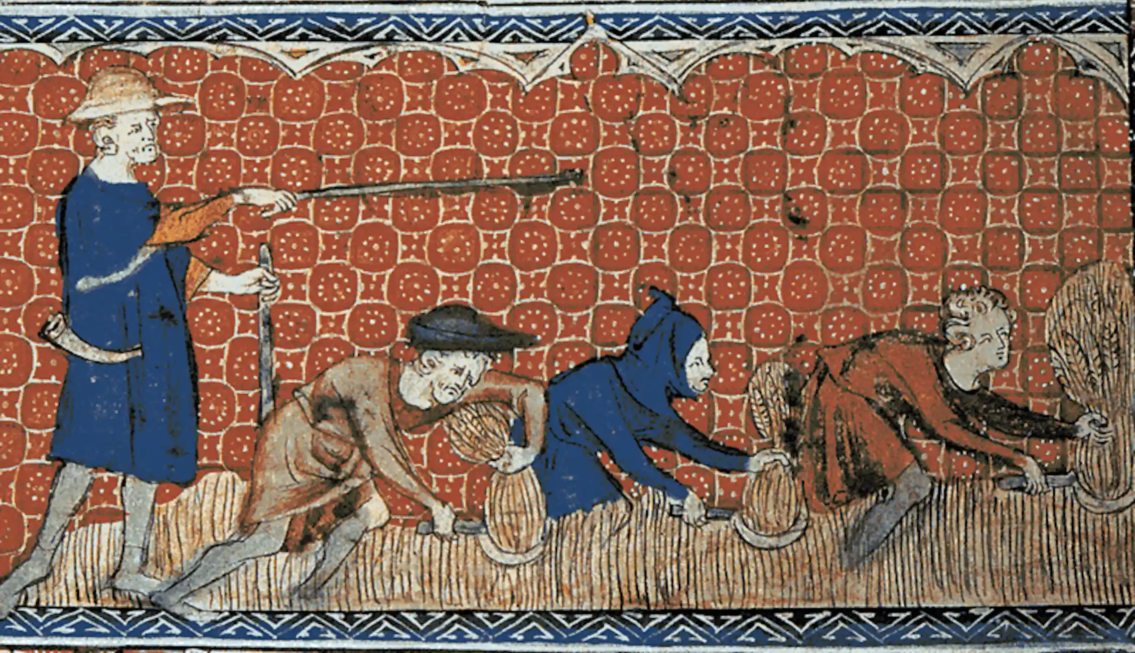 Medieval drawing of men harvesting wheat