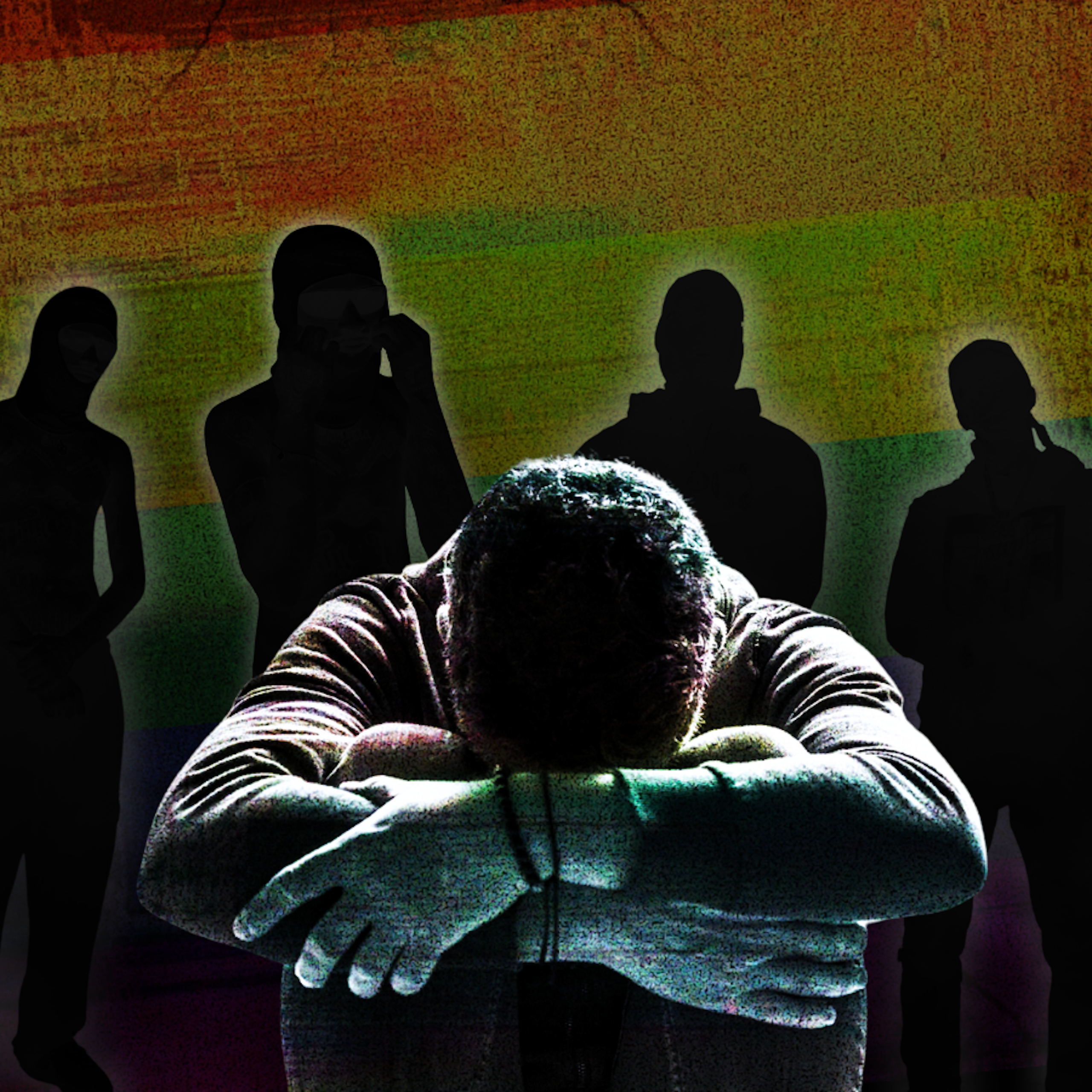 Composite image of a man looking downcast with silhouetted figures behind him