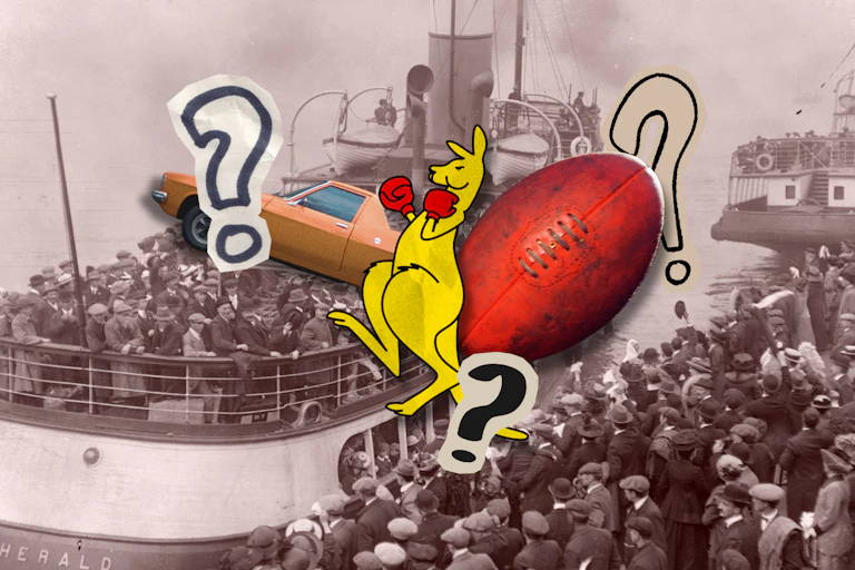 A ship full of English immigrants heading to Australia with a boxing kangaroo and football in the foreground