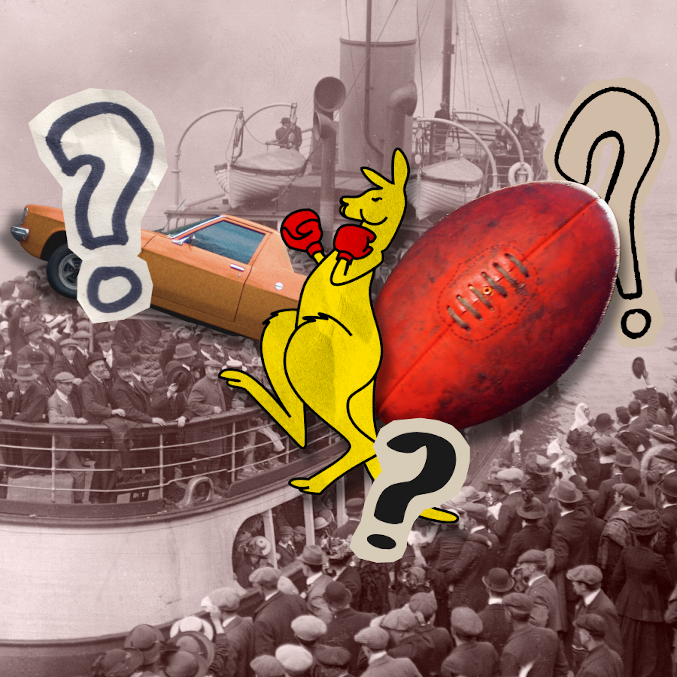 A ship full of English immigrants heading to Australia with a boxing kangaroo and football in the foreground