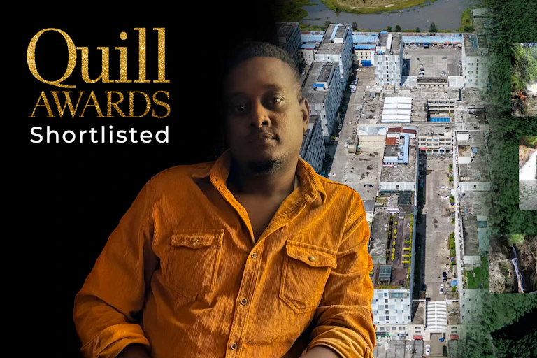 A composite of a man in an orange shirt, an aerial image of a scam centre and a map with risky instagram images
