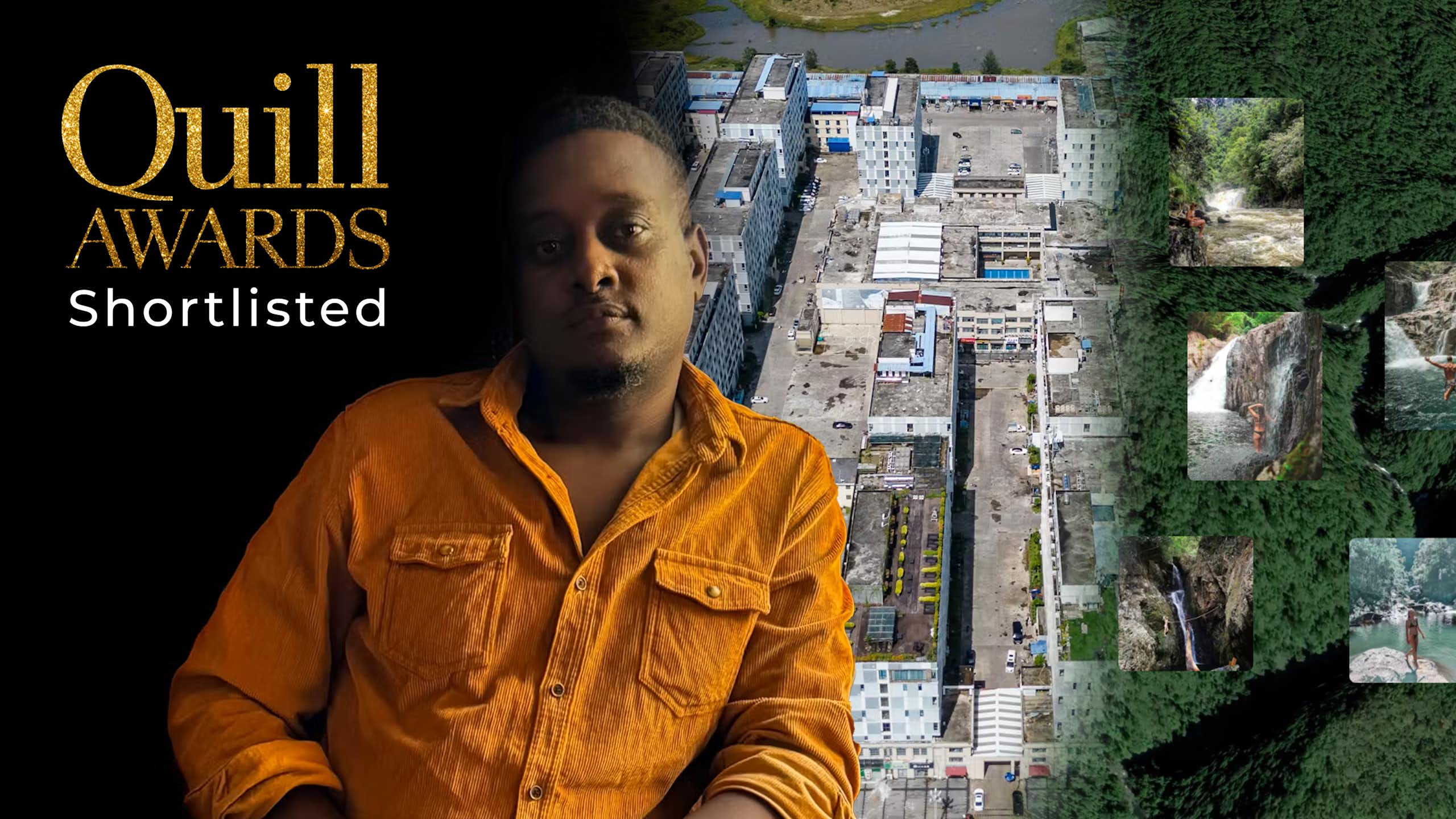 A composite of a man in an orange shirt, an aerial image of a scam centre and a map with risky instagram images