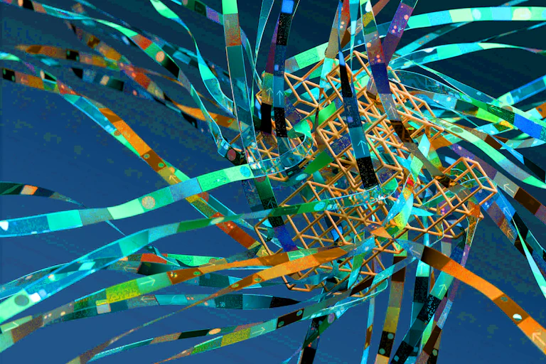 A tangle of CG ribbons in bright colours on an abstract digital background.