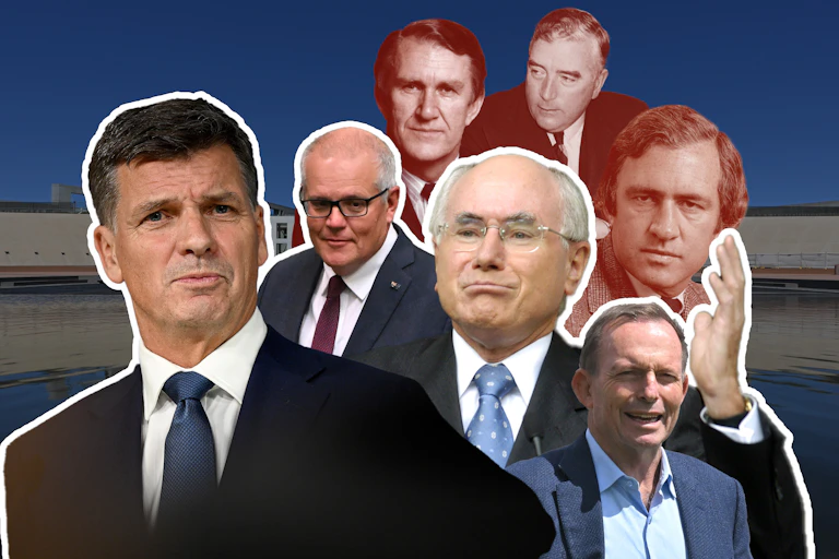 Liberal party leaders Angus Taylor, John Howard, Tony Abbott, Scott Morrison, Andrew Peacock, Malcolm Fraser and Robert Menzies