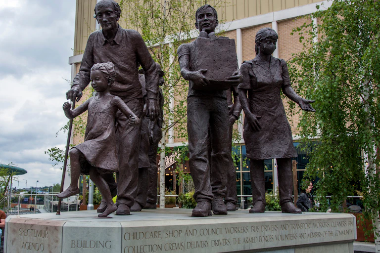 The Glass Works, Barnsley, South Yorkshire: Memorial Statue, permanent memorial tributes to the victims and key workers of the covid 19 pandemic