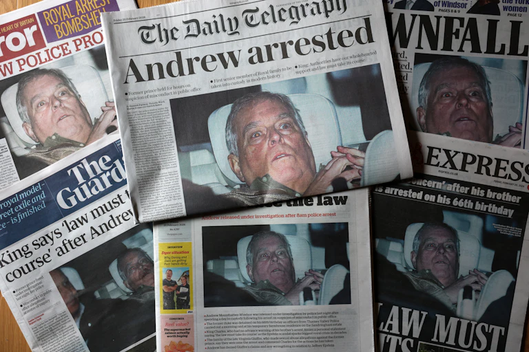 A selection of front pages with photos of Mountbatten-Windsor's arrest
