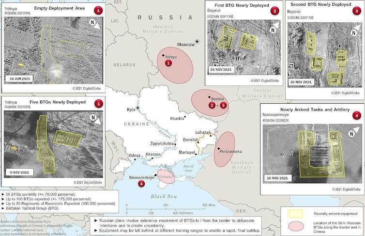 A diagram showing the build-up of Russian troops near the Ukraine borders at the end of 2021.