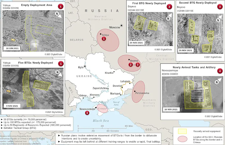 A diagram showing the build-up of Russian troops near the Ukraine borders at the end of 2021.