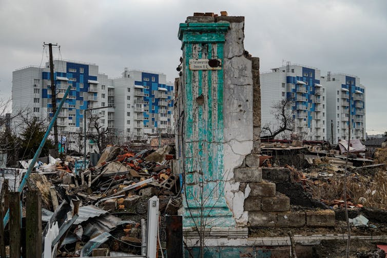 Mariupol cityscape devastated by Russian bombardment.