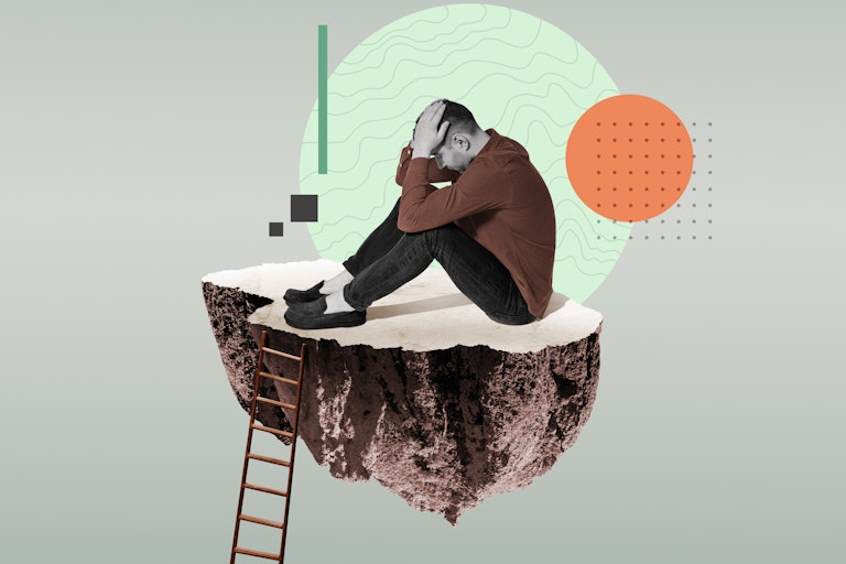 Collage que muestra a un hombre solo en una roca