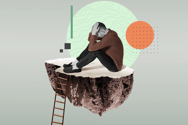 Collage que muestra a un hombre solo en una roca