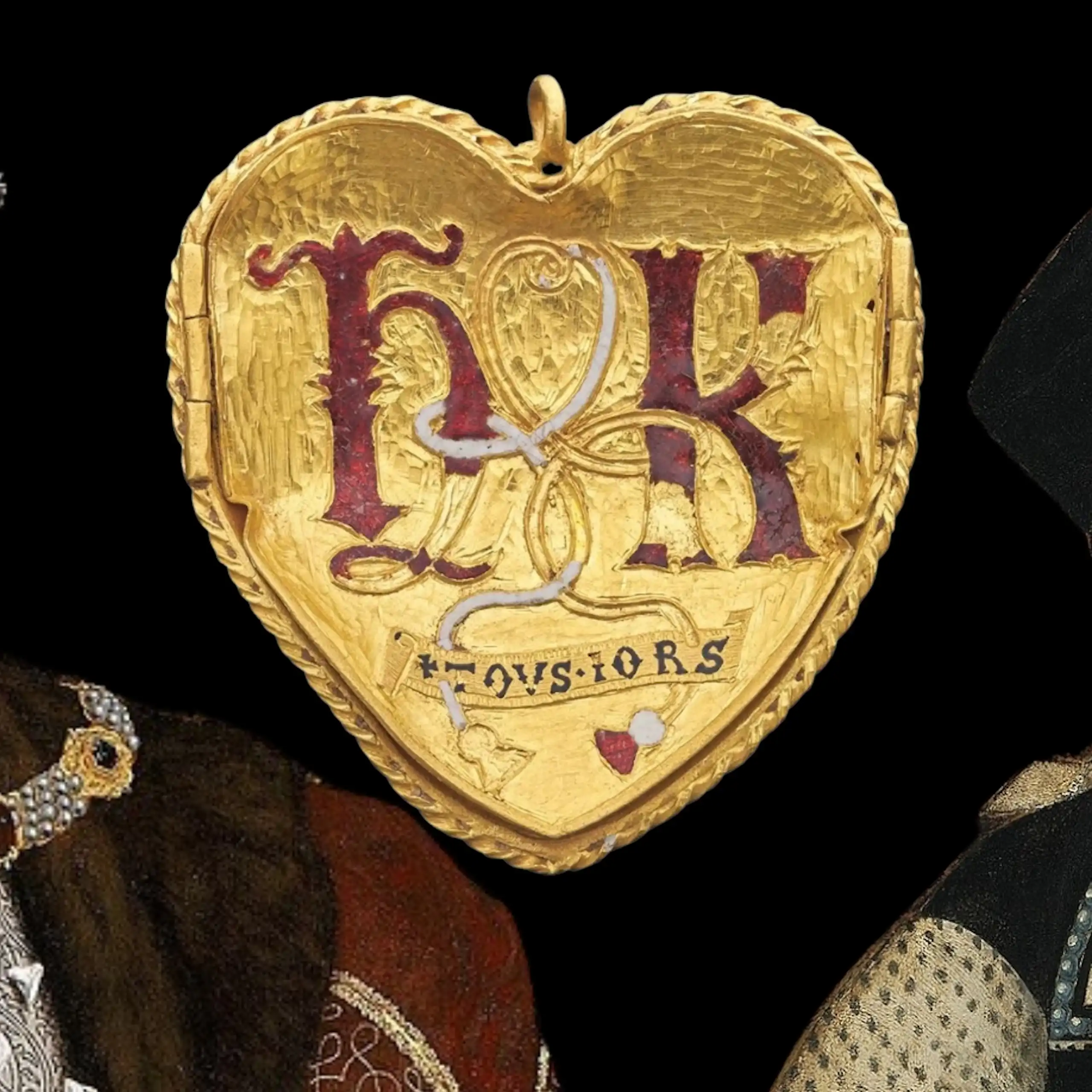 Henri VIII, Catherine d’Aragon et le pendentif en forme de cœur orné de leurs initiales.