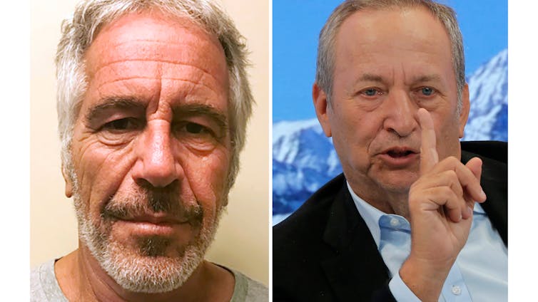 Mugshot of Jeffrey Epstein, left, and headshot of economist Larry Summers.